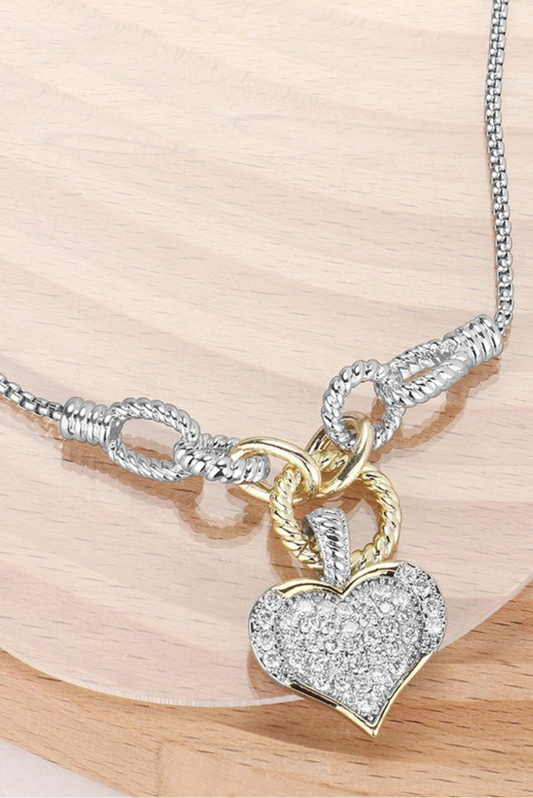 14K Plated Two Toned CZ Stone Paved Heart Necklace
